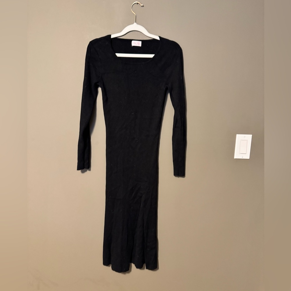 Pink Lily Black Ribbed Maxi Dress Long Sleeve with Slit Size M
